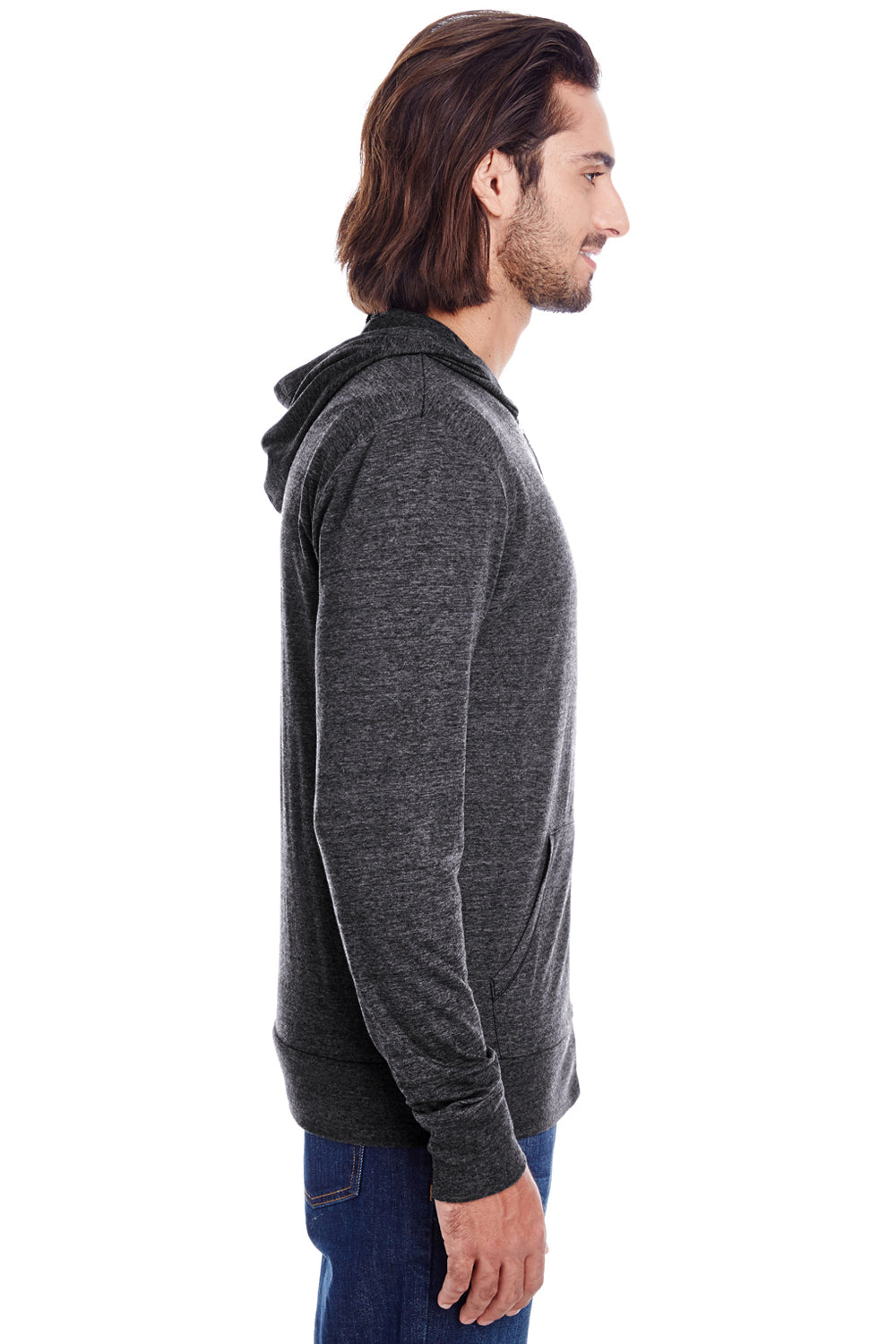 Threadfast Apparel 302Z Mens Full Zip Hooded Sweatshirt Hoodie w/ Pockets Black Model Side