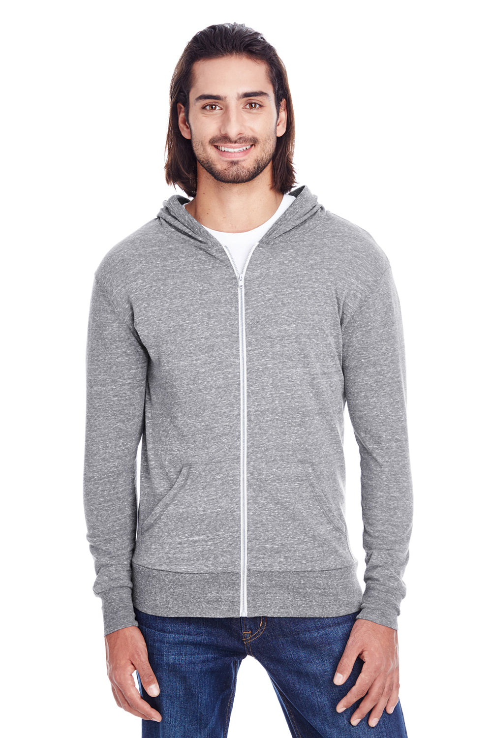 Threadfast Apparel 302Z Mens Full Zip Hooded Sweatshirt Hoodie w/ Pockets Grey Model Front