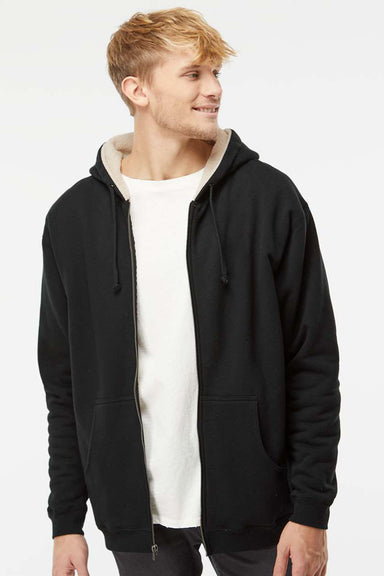 Independent Trading Company EXP40SHZ Mens Sherpa Lined Full Zip Hooded Sweatshirt Hoodie w/ Pockets Black/Natural Model Front
