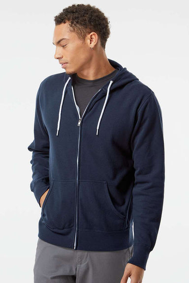 Independent Trading Company AFX90UNZ Mens Full Zip Hooded Sweatshirt Hoodie w/ Pockets Classic Navy Blue Model Front