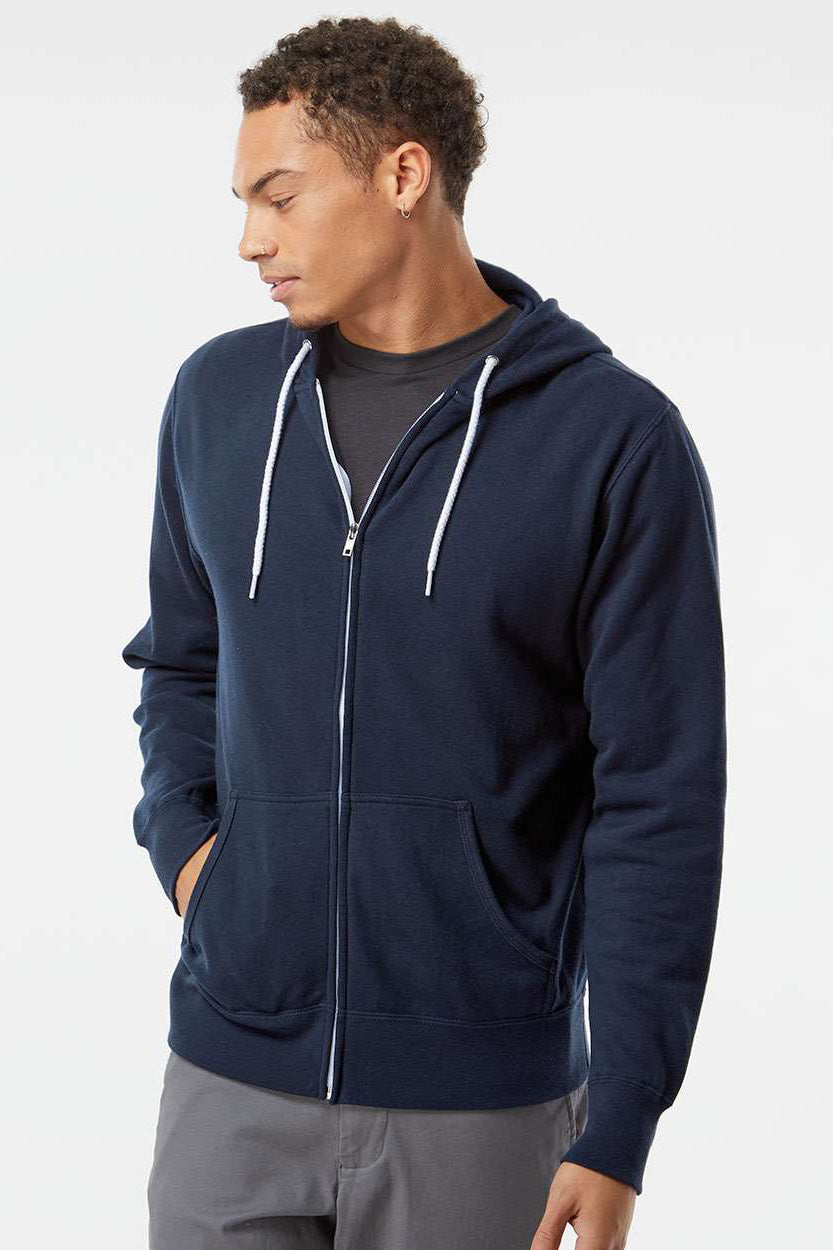 Independent Trading Company AFX90UNZ Mens Full Zip Hooded Sweatshirt Hoodie w/ Pockets Classic Navy Blue Model Front