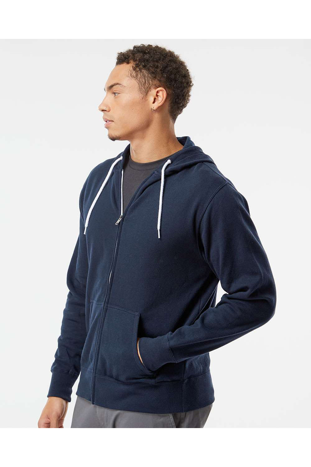 Independent Trading Co. AFX90UNZ Mens Full Zip Hooded Sweatshirt Hoodie Classic Navy Blue Model Side