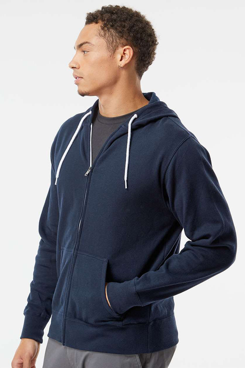 Independent Trading Company AFX90UNZ Mens Full Zip Hooded Sweatshirt Hoodie w/ Pockets Classic Navy Blue Model Side