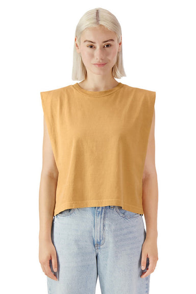 American Apparel 307GD Womens Garment Dyed Muscle Tank Top Faded Mustard Yellow Model Front