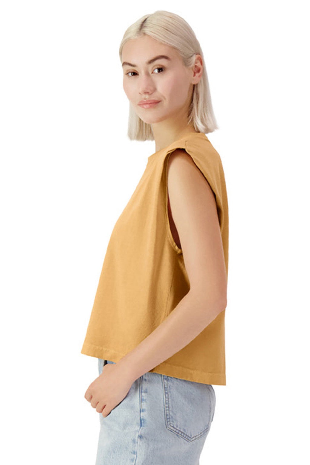 American Apparel 307GD Womens Garment Dyed Muscle Tank Top Faded Mustard Yellow Model Side