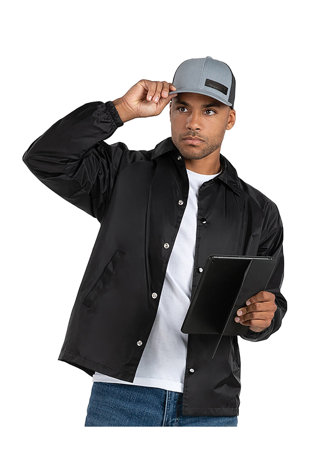Augusta Sportswear 3100 Mens Water Resistant Snap Down Coaches Jacket Black Model Side