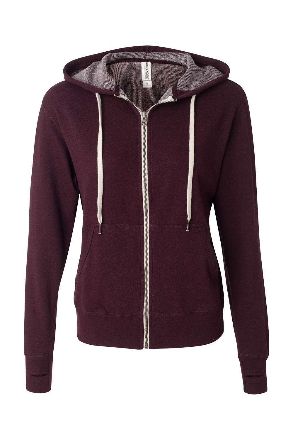 Independent Trading Company PRM90HTZ Mens French Terry Full Zip Hooded Sweatshirt Hoodie w/ Pockets Heather Burgundy Flat Front