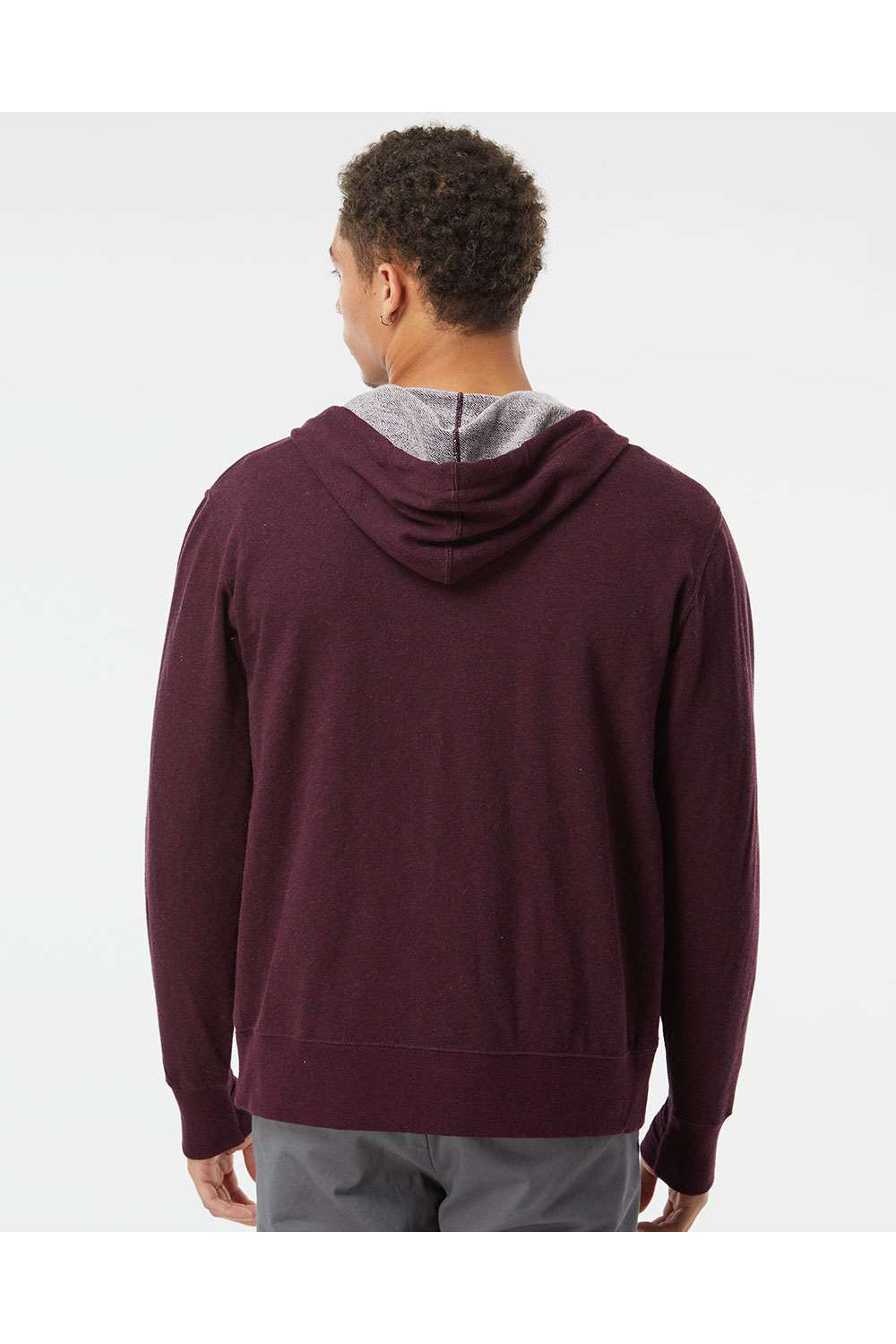 Independent Trading Co. PRM90HTZ Mens French Terry Full Zip Hooded Sweatshirt Hoodie Heather Burgundy Model Back