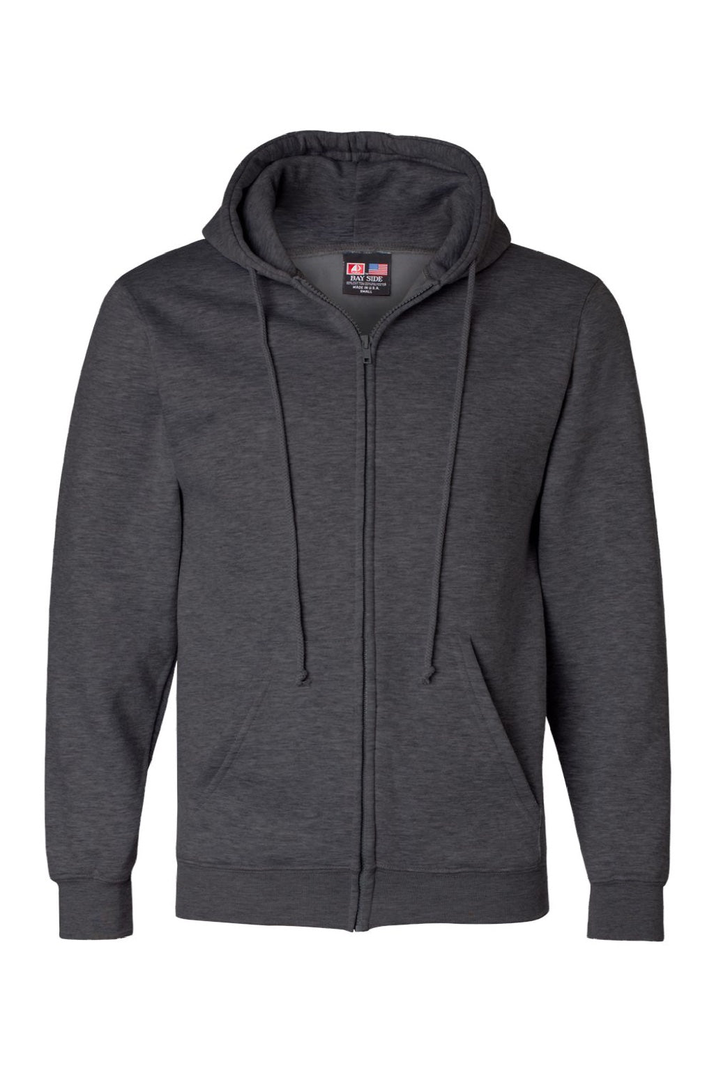 Bayside BA900 Mens USA Made Full Zip Hooded Sweatshirt Hoodie w/ Pockets Heather Charcoal Grey Flat Front