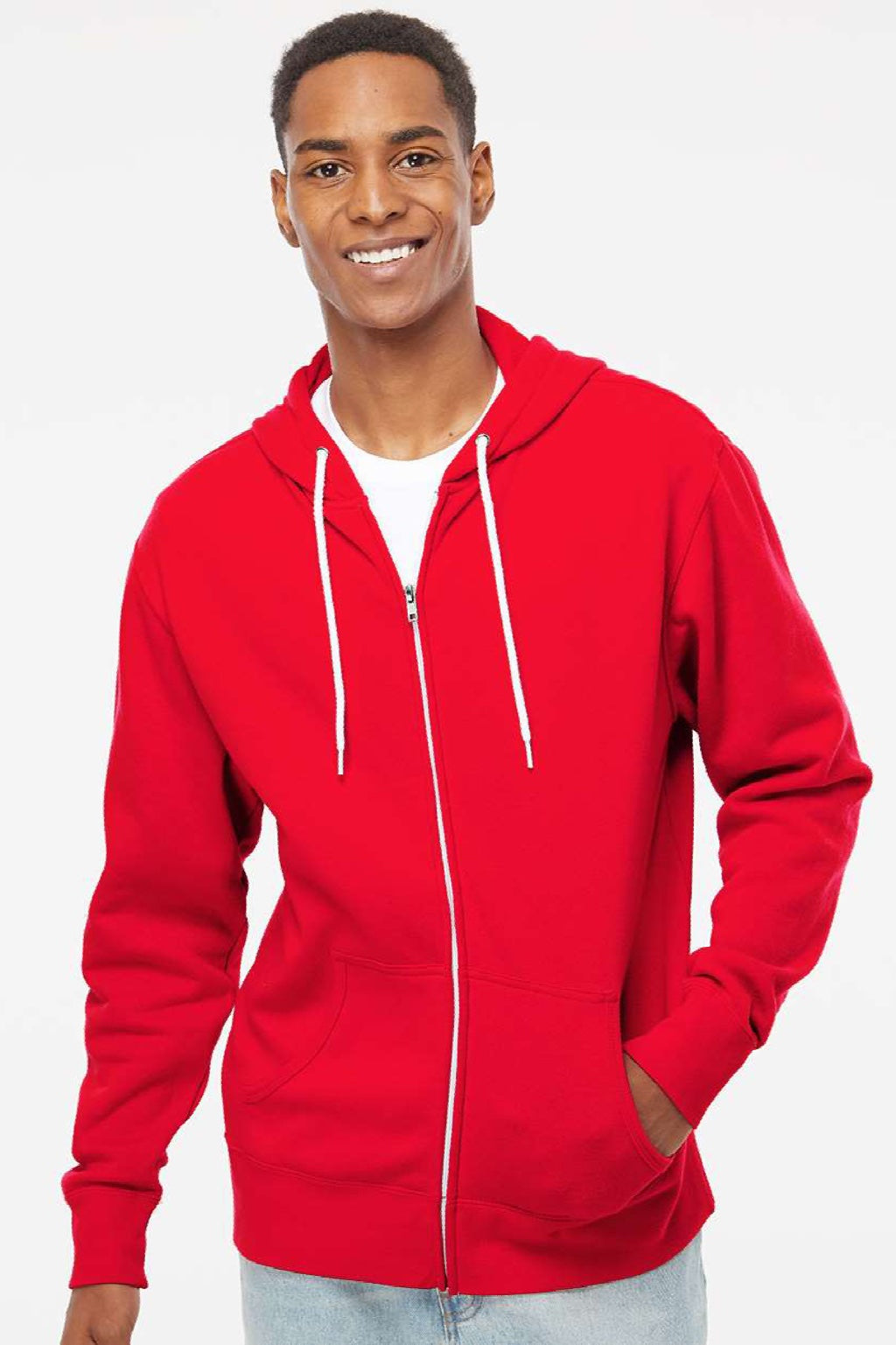 Independent Trading Company AFX90UNZ Mens Full Zip Hooded Sweatshirt Hoodie w/ Pockets Red Model Front