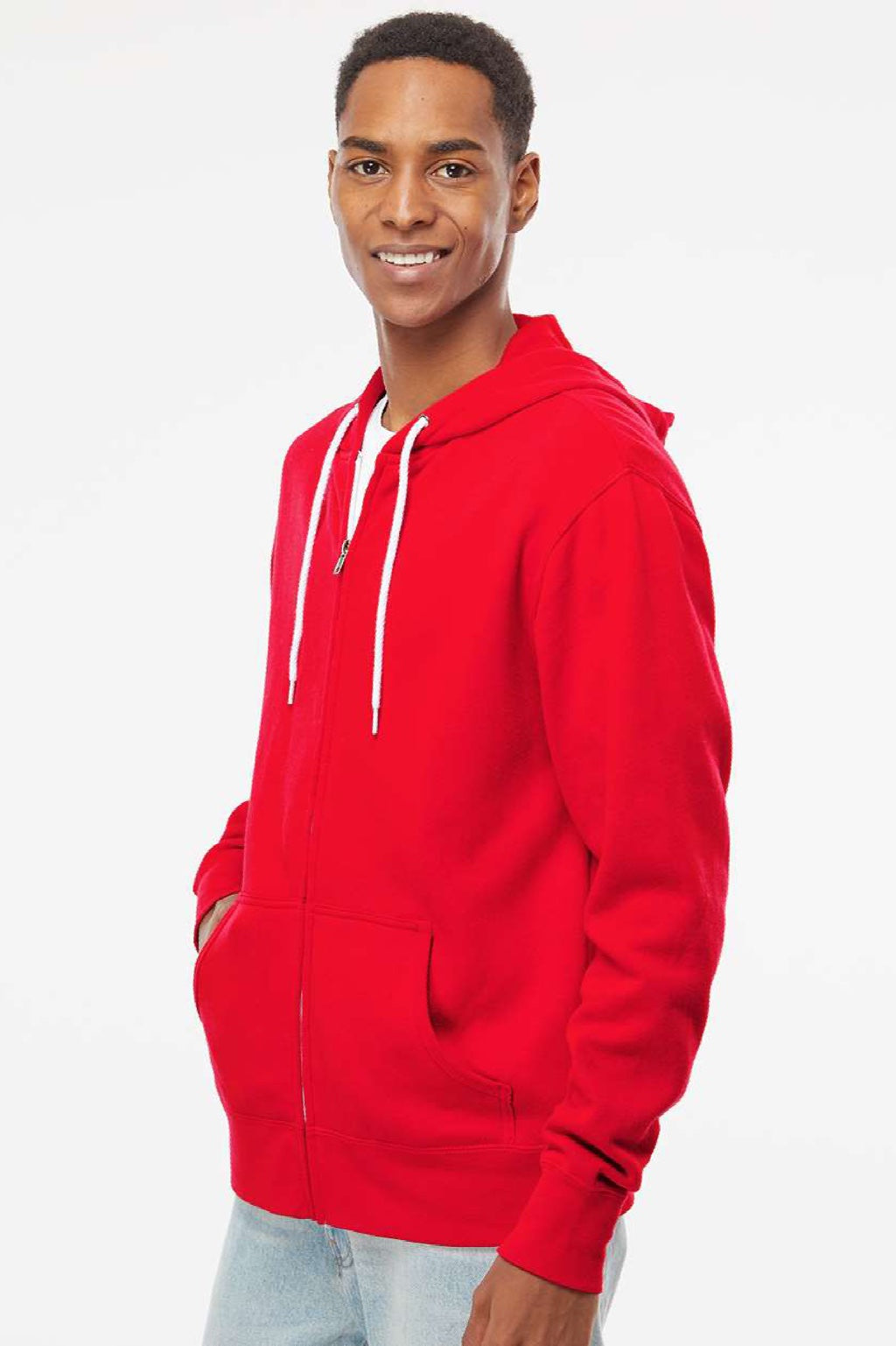 Independent Trading Company AFX90UNZ Mens Full Zip Hooded Sweatshirt Hoodie w/ Pockets Red Model Side