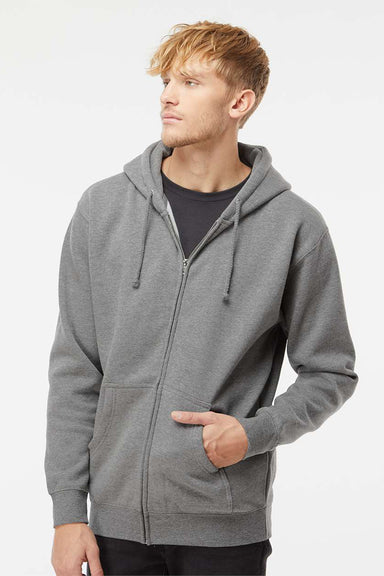 Independent Trading Company IND4000Z Mens Full Zip Hooded Sweatshirt Hoodie w/ Pockets Heather Gunmetal Grey Model Front