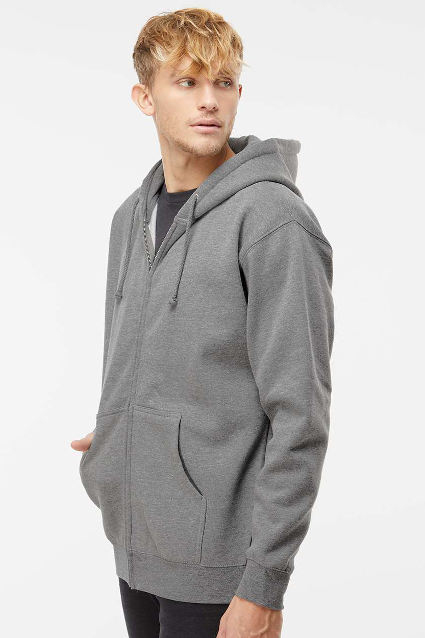 Independent Trading Company IND4000Z Mens Full Zip Hooded Sweatshirt Hoodie w/ Pockets Heather Gunmetal Grey Model Side