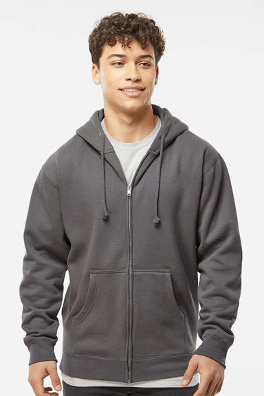 Independent Trading Company IND4000Z Mens Full Zip Hooded Sweatshirt Hoodie w/ Pockets Charcoal Grey Model Front