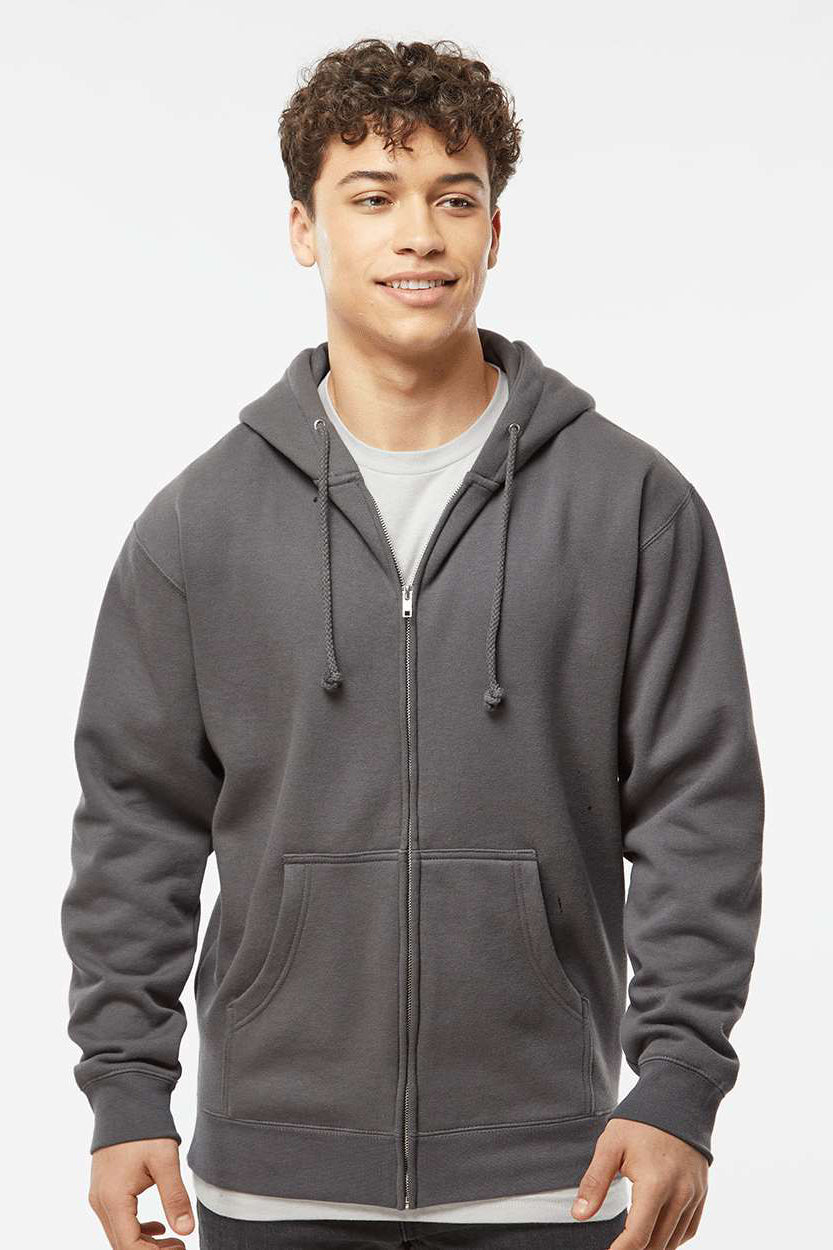 Independent Trading Company IND4000Z Mens Full Zip Hooded Sweatshirt Hoodie w/ Pockets Charcoal Grey Model Front