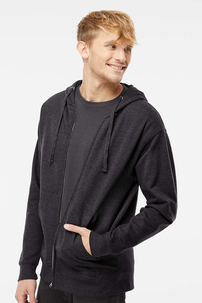 Independent Trading Company SS4500Z Mens Full Zip Hooded Sweatshirt Hoodie w/ Pockets Heather Charcoal Grey Model Side