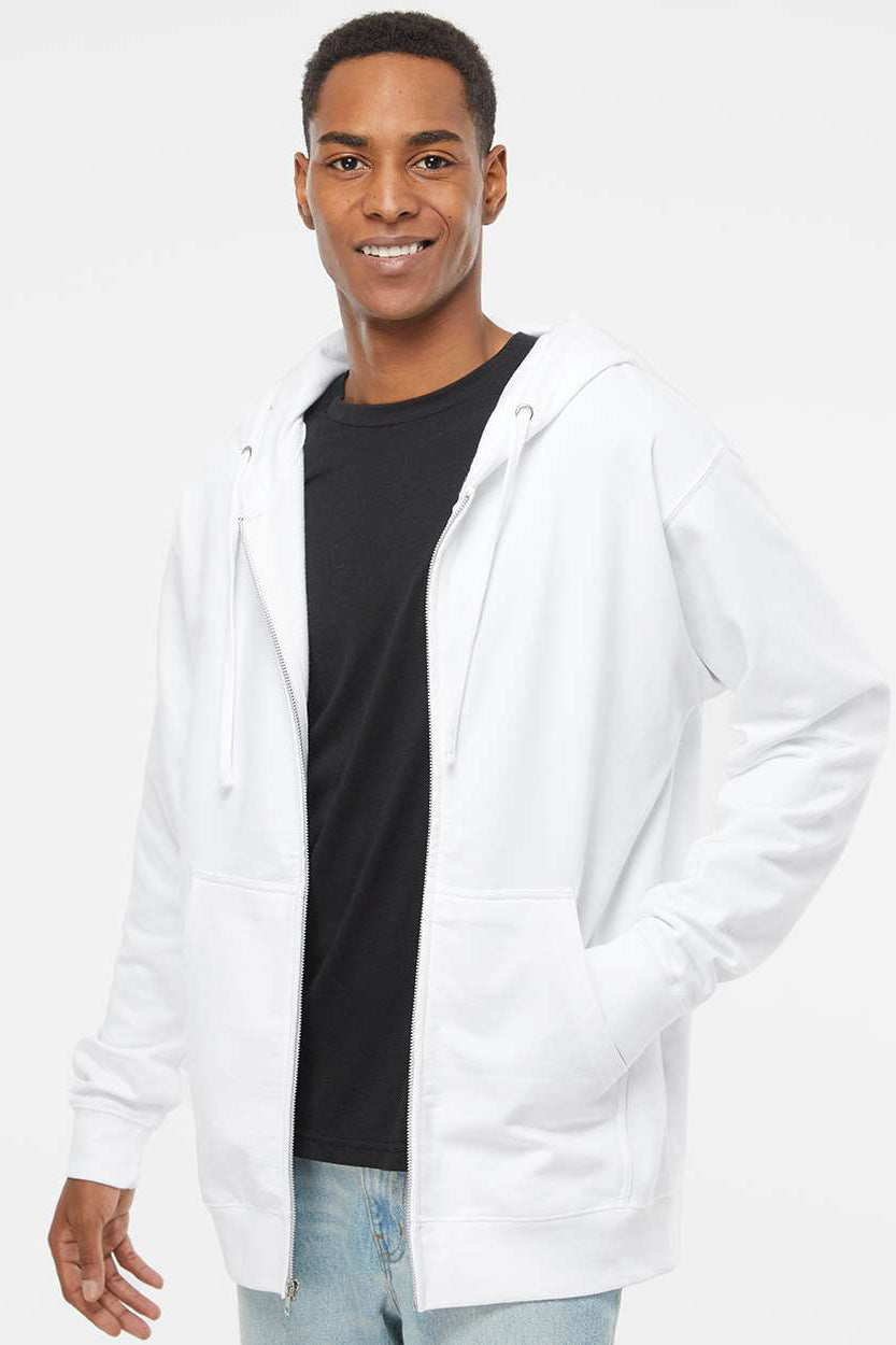 Independent Trading Company SS4500Z Mens Full Zip Hooded Sweatshirt Hoodie w/ Pockets White Model Front
