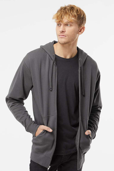 Independent Trading Company SS4500Z Mens Full Zip Hooded Sweatshirt Hoodie w/ Pockets Charcoal Grey Model Front