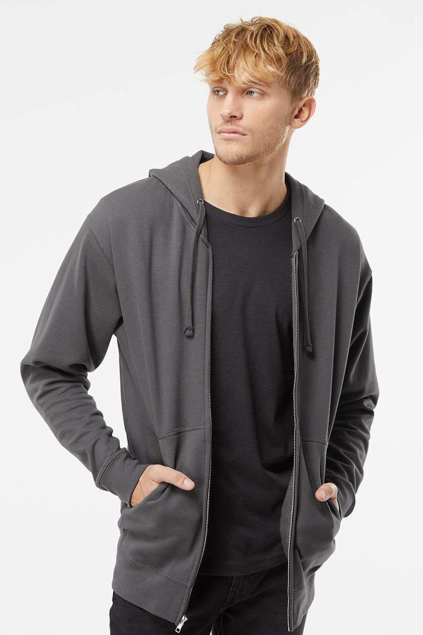 Independent Trading Company SS4500Z Mens Full Zip Hooded Sweatshirt Hoodie w/ Pockets Charcoal Grey Model Front