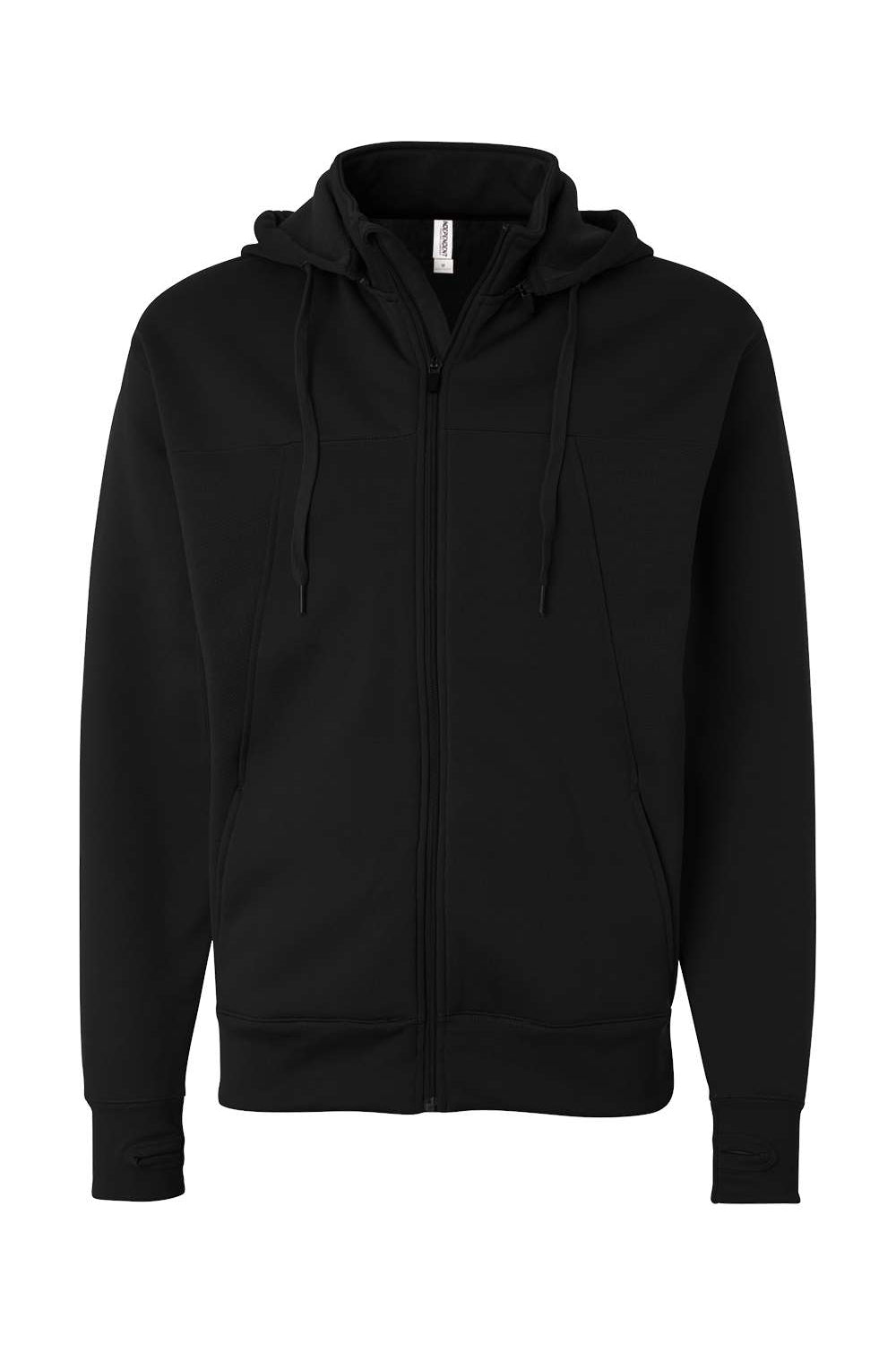 Independent Trading Company EXP80PTZ Mens Poly Tech Pill Resistant Full Zip Hooded Sweatshirt Hoodie w/ Pouch Pocket Black Flat Front