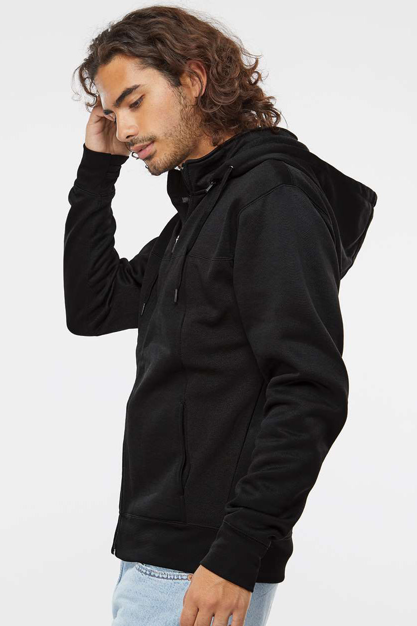 Independent Trading Company EXP80PTZ Mens Poly Tech Pill Resistant Full Zip Hooded Sweatshirt Hoodie w/ Pouch Pocket Black Model Side