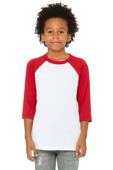 Bella + Canvas 3200Y Youth 3/4 Sleeve Crewneck T-Shirt White/Red Model Front