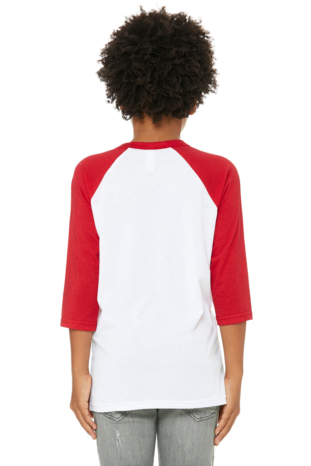 Bella + Canvas 3200Y Youth 3/4 Sleeve Crewneck T-Shirt White/Red Model Back