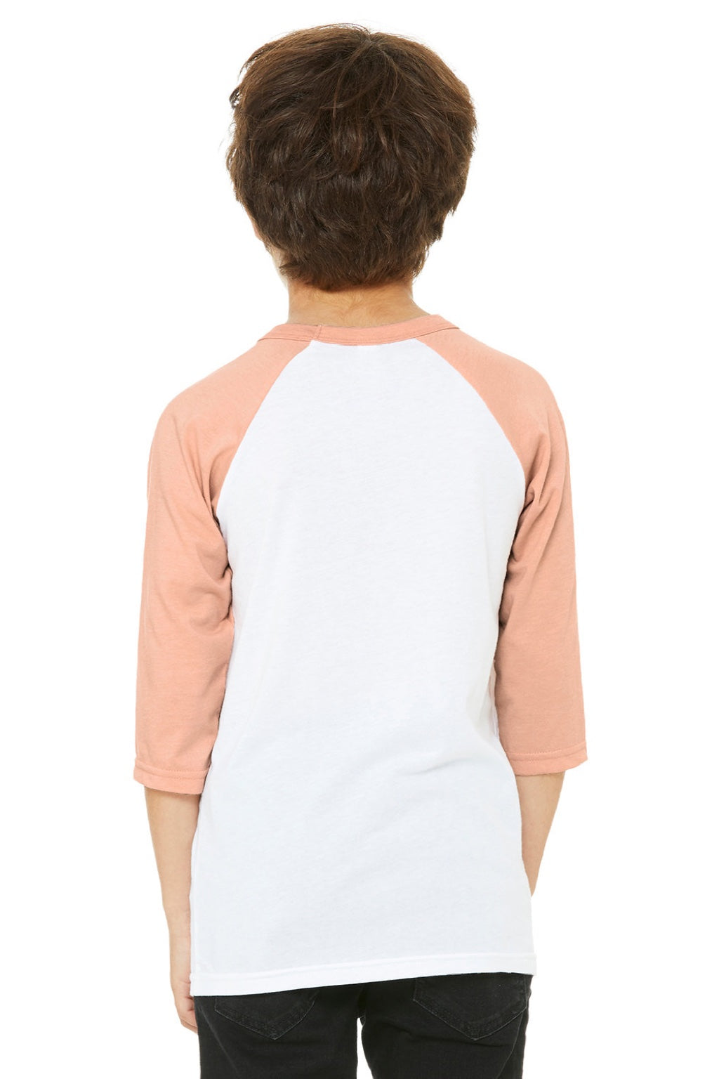 Bella + Canvas 3200Y Youth 3/4 Sleeve Crewneck T-Shirt White/Heather Peach Model Back