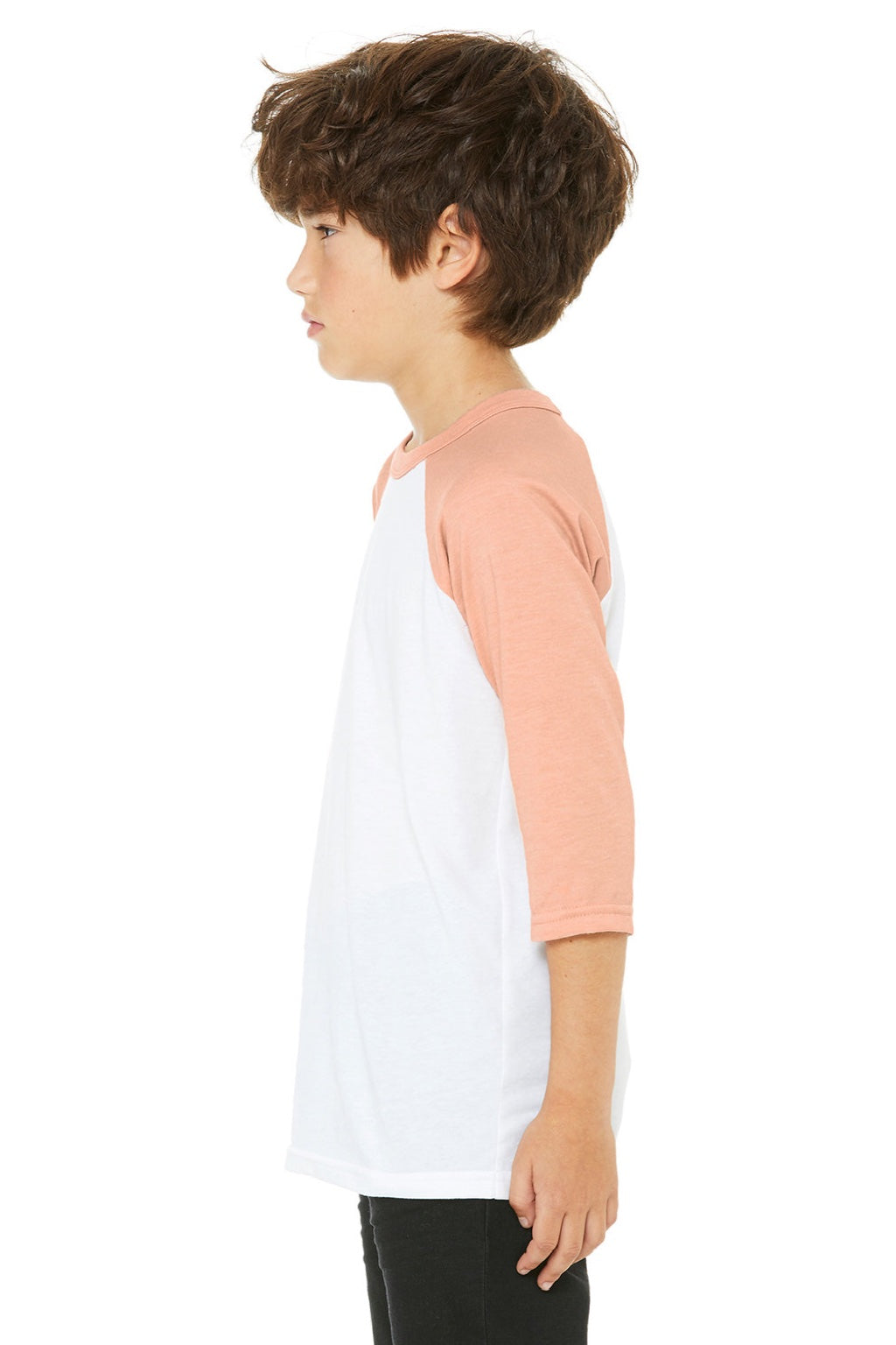 Bella + Canvas 3200Y Youth 3/4 Sleeve Crewneck T-Shirt White/Heather Peach Model Side