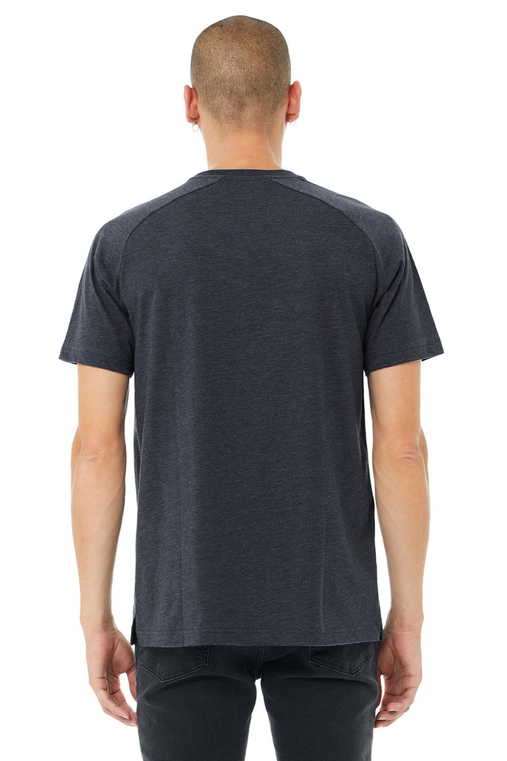 Bella + Canvas 3201 Mens CVC Raglan Short Sleeve Crewneck T-Shirt Heather Navy Blue Model Back