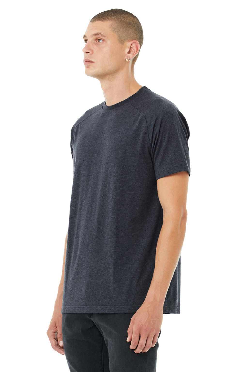 Bella + Canvas 3201 Mens CVC Raglan Short Sleeve Crewneck T-Shirt Heather Navy Blue Model Side