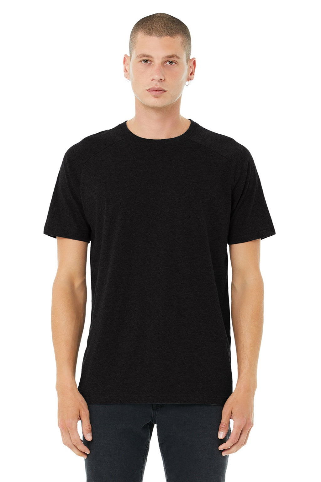 Bella + Canvas 3201 Mens CVC Raglan Short Sleeve Crewneck T-Shirt Heather Black Model Front