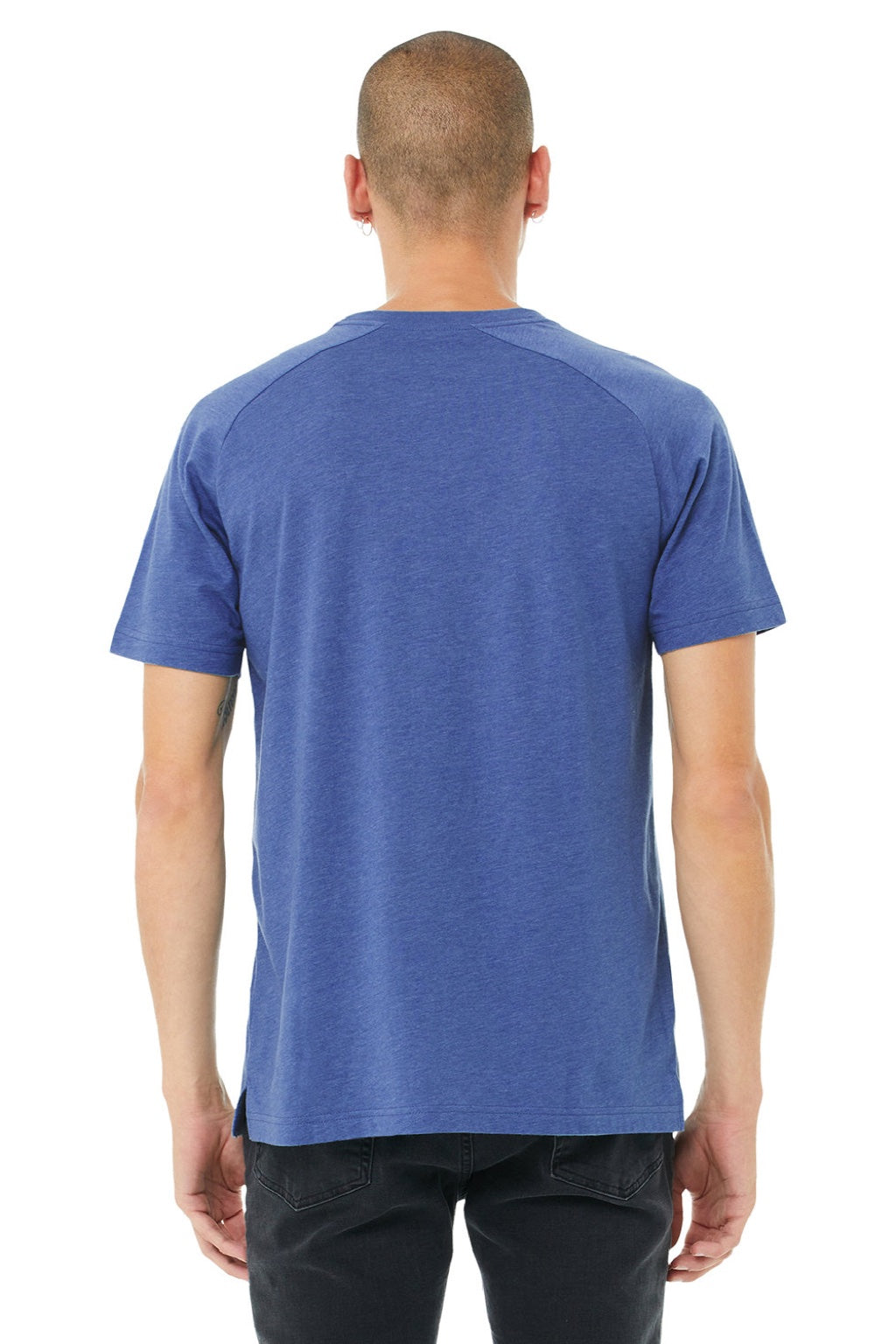 Bella + Canvas 3201 Mens CVC Raglan Short Sleeve Crewneck T-Shirt Heather True Royal Blue Model Back