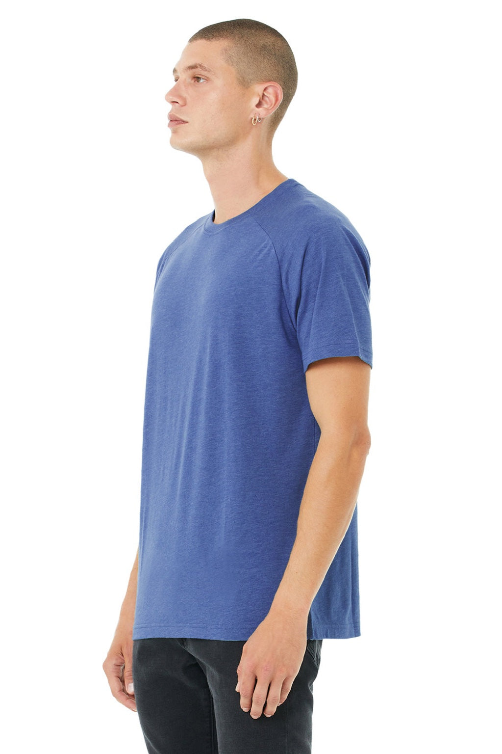Bella + Canvas 3201 Mens CVC Raglan Short Sleeve Crewneck T-Shirt Heather True Royal Blue Model Side