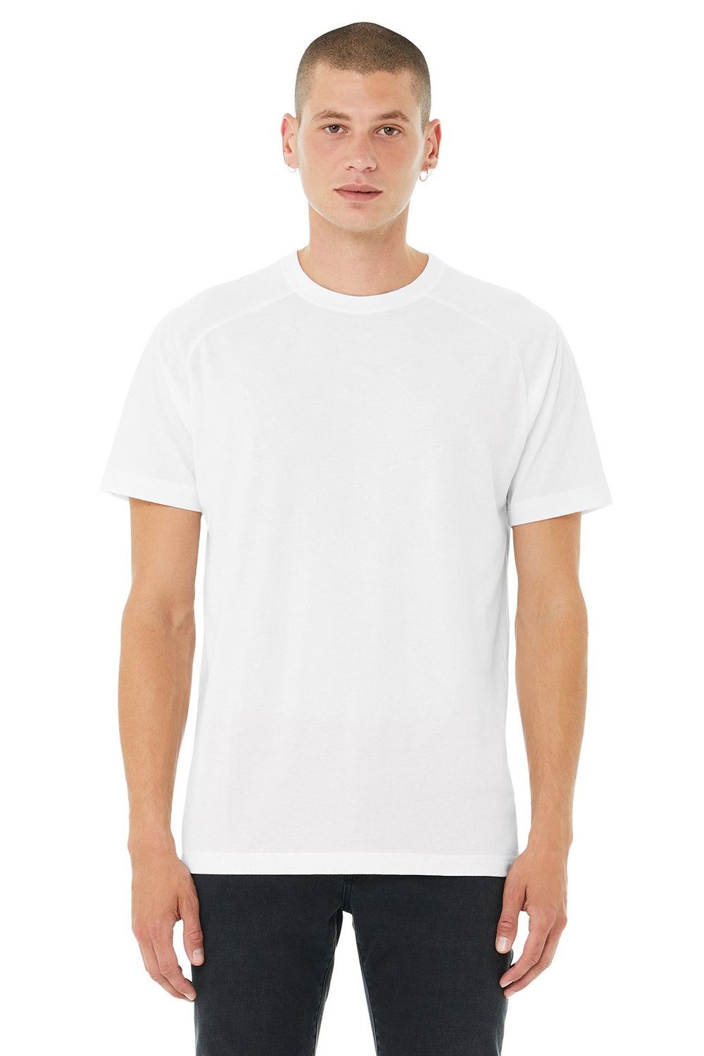 Bella + Canvas 3201 Mens CVC Raglan Short Sleeve Crewneck T-Shirt Solid White Model Front