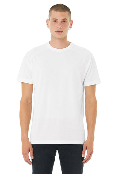 Bella + Canvas 3201 Mens CVC Raglan Short Sleeve Crewneck T-Shirt Solid White Model Front
