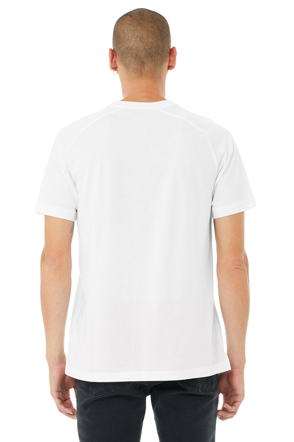 Bella + Canvas 3201 Mens CVC Raglan Short Sleeve Crewneck T-Shirt Solid White Model Back