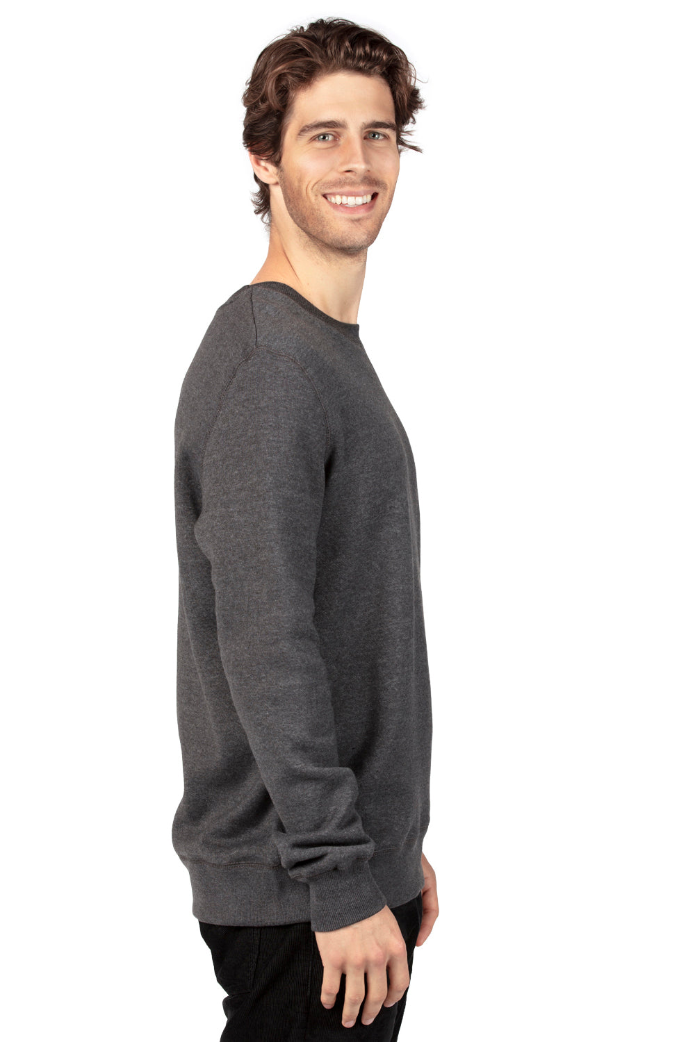 Threadfast Apparel 320C Mens Ultimate Fleece Crewneck Sweatshirt Heather Charcoal Grey Model Side