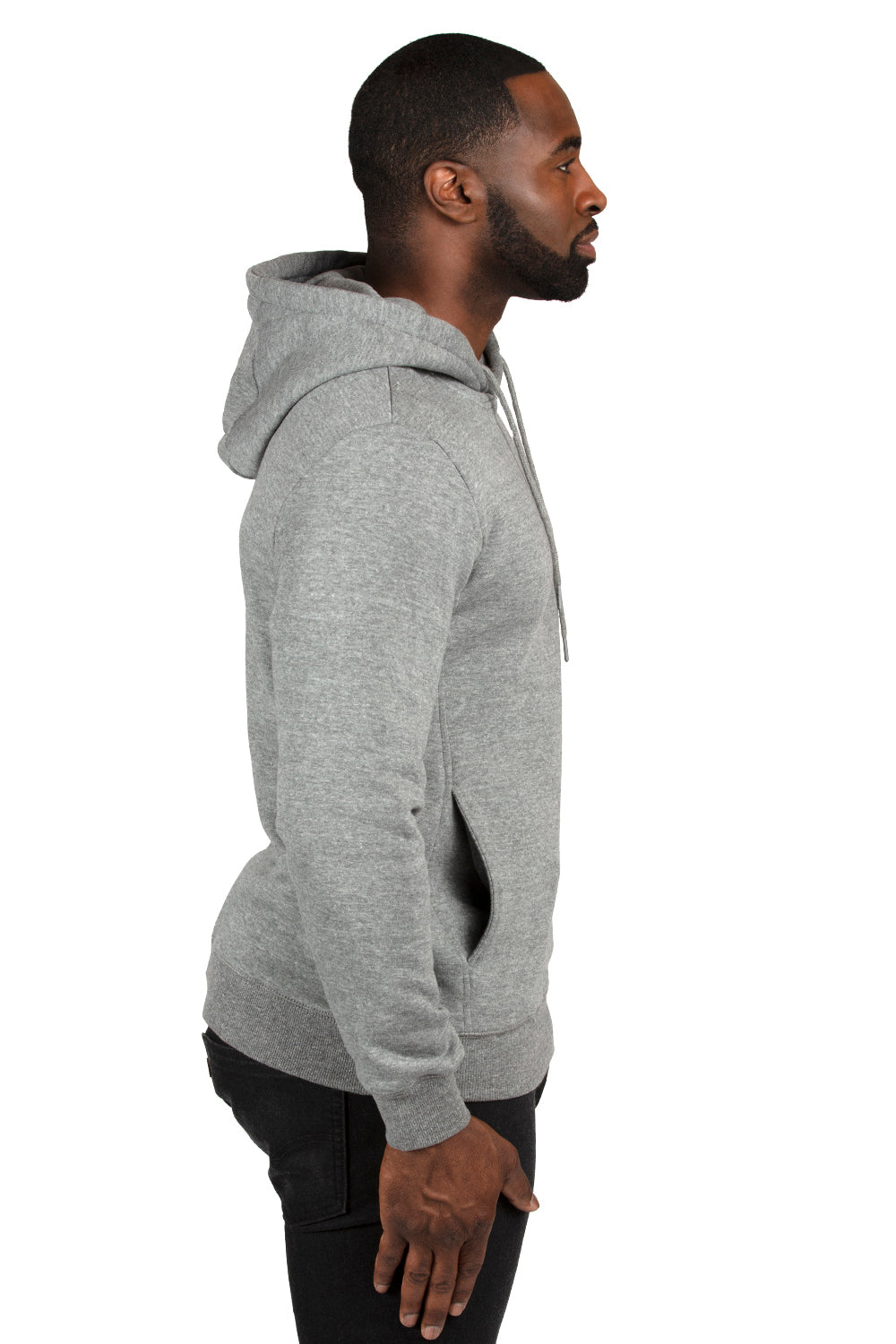 Threadfast Apparel 320H Mens Ultimate Fleece Hooded Sweatshirt Hoodie w/ Pockets Heather Grey Model Side