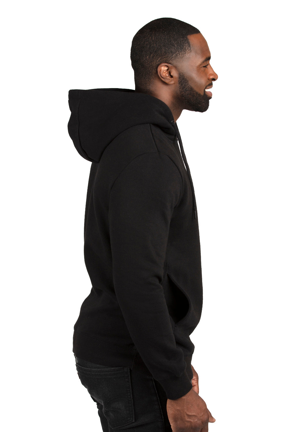 Threadfast Apparel 320H Mens Ultimate Fleece Hooded Sweatshirt Hoodie w/ Pockets Black Model Side