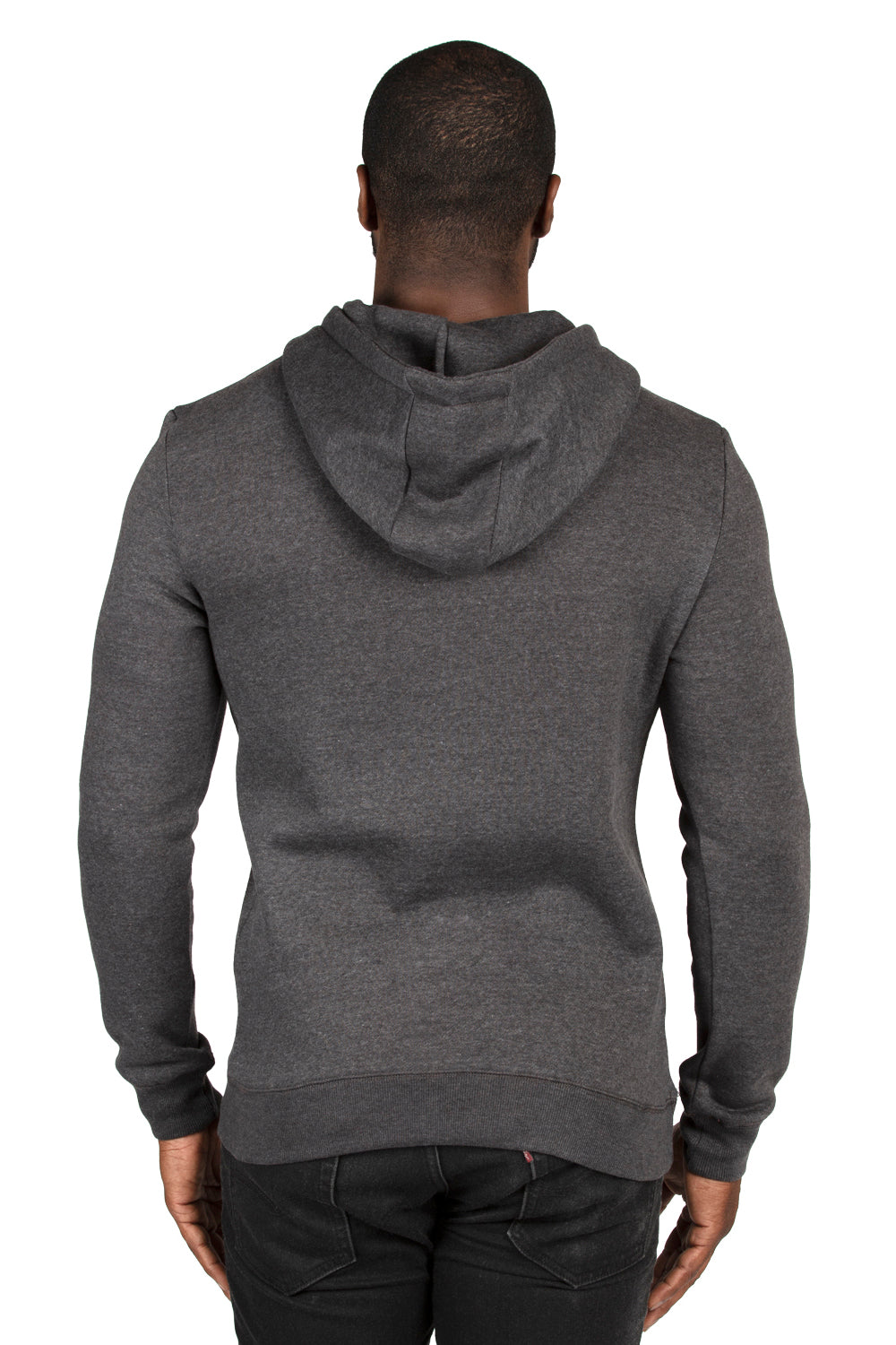 Threadfast Apparel 320H Mens Ultimate Fleece Hooded Sweatshirt Hoodie w/ Pockets Heather Charcoal Grey Model Back