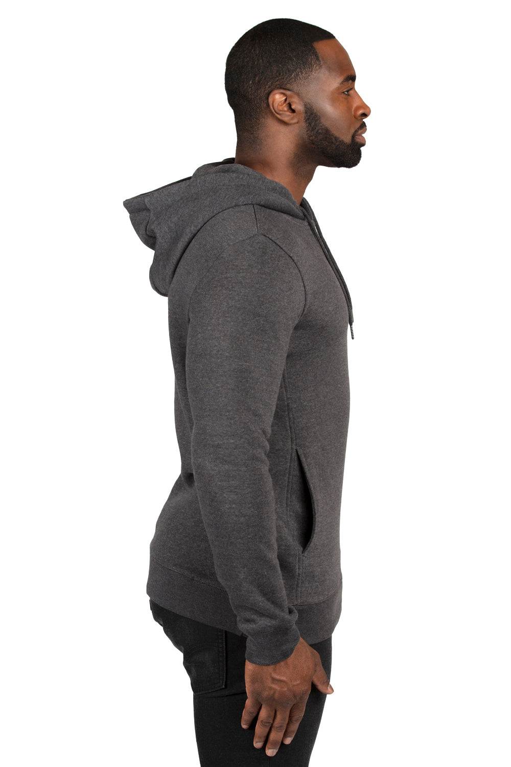 Threadfast Apparel 320H Mens Ultimate Fleece Hooded Sweatshirt Hoodie w/ Pockets Heather Charcoal Grey Model Side