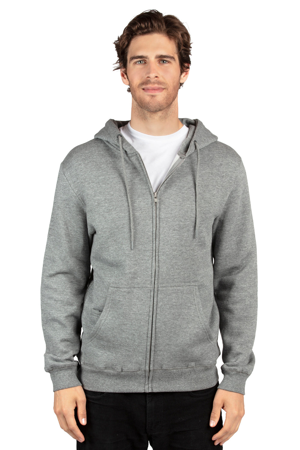 Threadfast Apparel 320Z Mens Ultimate Fleece Full Zip Hooded Sweatshirt Hoodie w/ Pockets Heather Grey Model Front