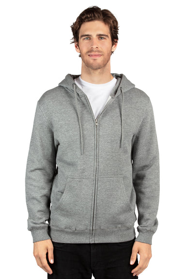Threadfast Apparel 320Z Mens Ultimate Fleece Full Zip Hooded Sweatshirt Hoodie w/ Pockets Heather Grey Model Front
