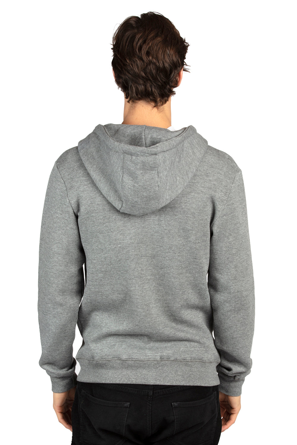 Threadfast Apparel 320Z Mens Ultimate Fleece Full Zip Hooded Sweatshirt Hoodie w/ Pockets Heather Grey Model Back