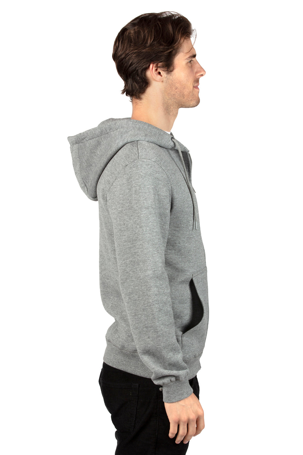 Threadfast Apparel 320Z Mens Ultimate Fleece Full Zip Hooded Sweatshirt Hoodie w/ Pockets Heather Grey Model Side
