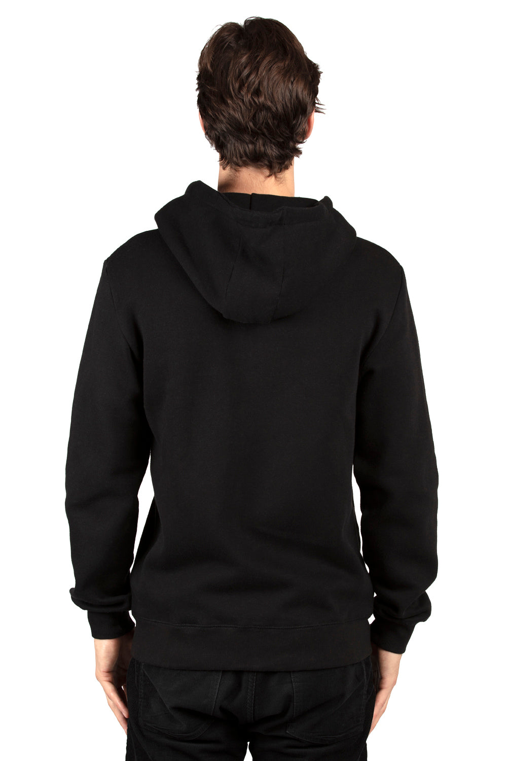 Threadfast Apparel 320Z Mens Ultimate Fleece Full Zip Hooded Sweatshirt Hoodie w/ Pockets Black Model Back