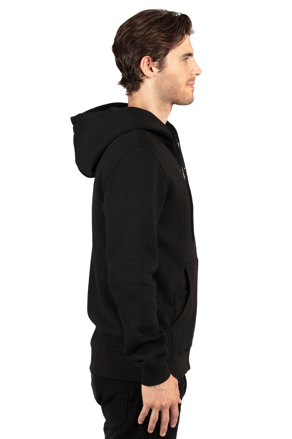 Threadfast Apparel 320Z Mens Ultimate Fleece Full Zip Hooded Sweatshirt Hoodie w/ Pockets Black Model Side