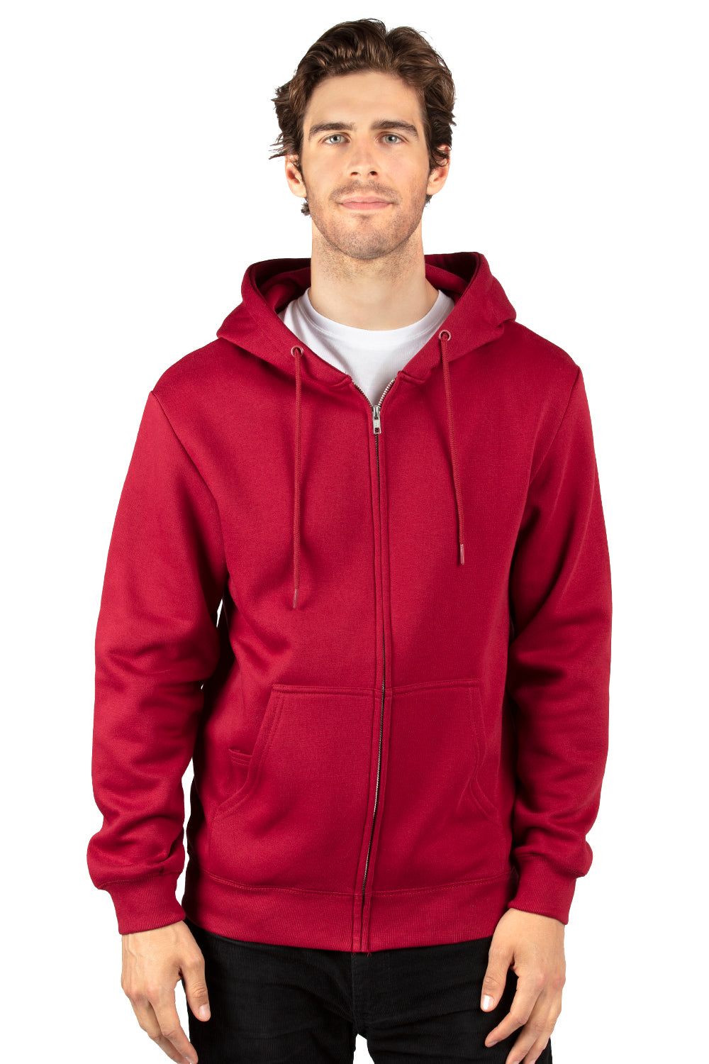 Threadfast Apparel 320Z Mens Ultimate Fleece Full Zip Hooded Sweatshirt Hoodie w/ Pockets Burgundy Model Front