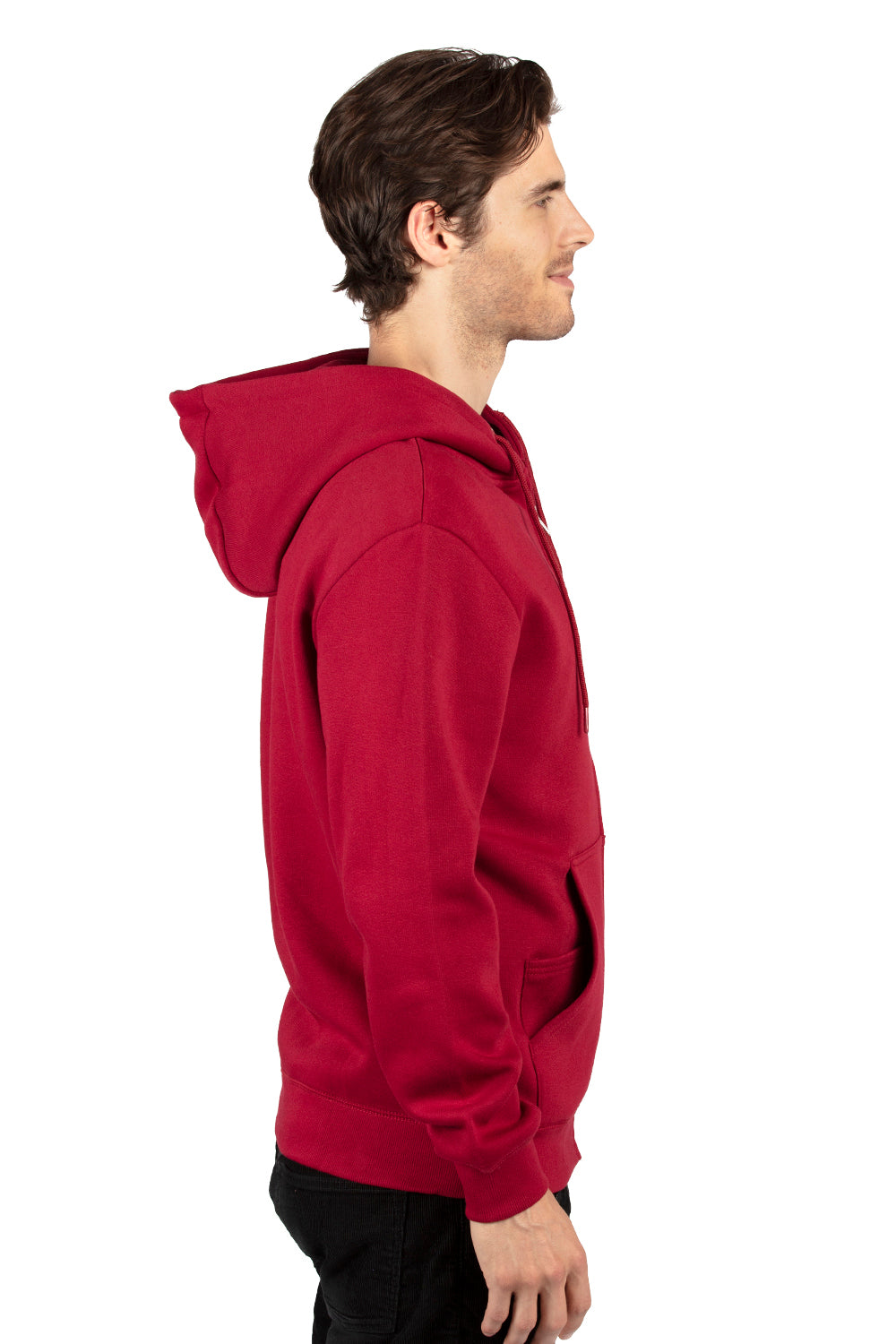 Threadfast Apparel 320Z Mens Ultimate Fleece Full Zip Hooded Sweatshirt Hoodie w/ Pockets Burgundy Model Side